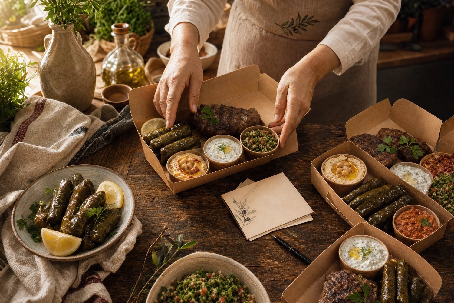 Hands packing home-cooked Turkish food into delivery boxes