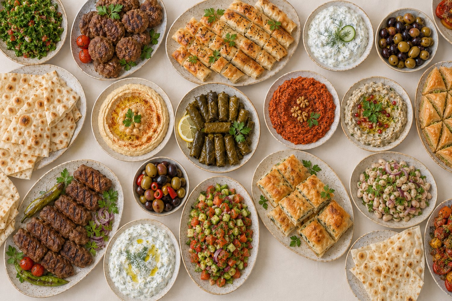 An abundant Turkish event spread of mezes, köfte, börek and salads