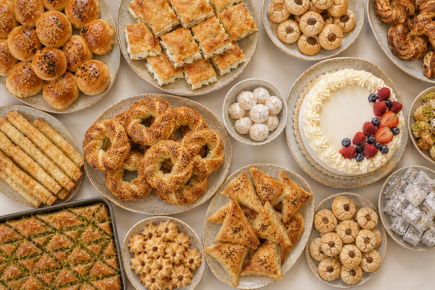 A Turkish pastry and sweet table with poğaça, börek, baklava, cookies and a cream cake